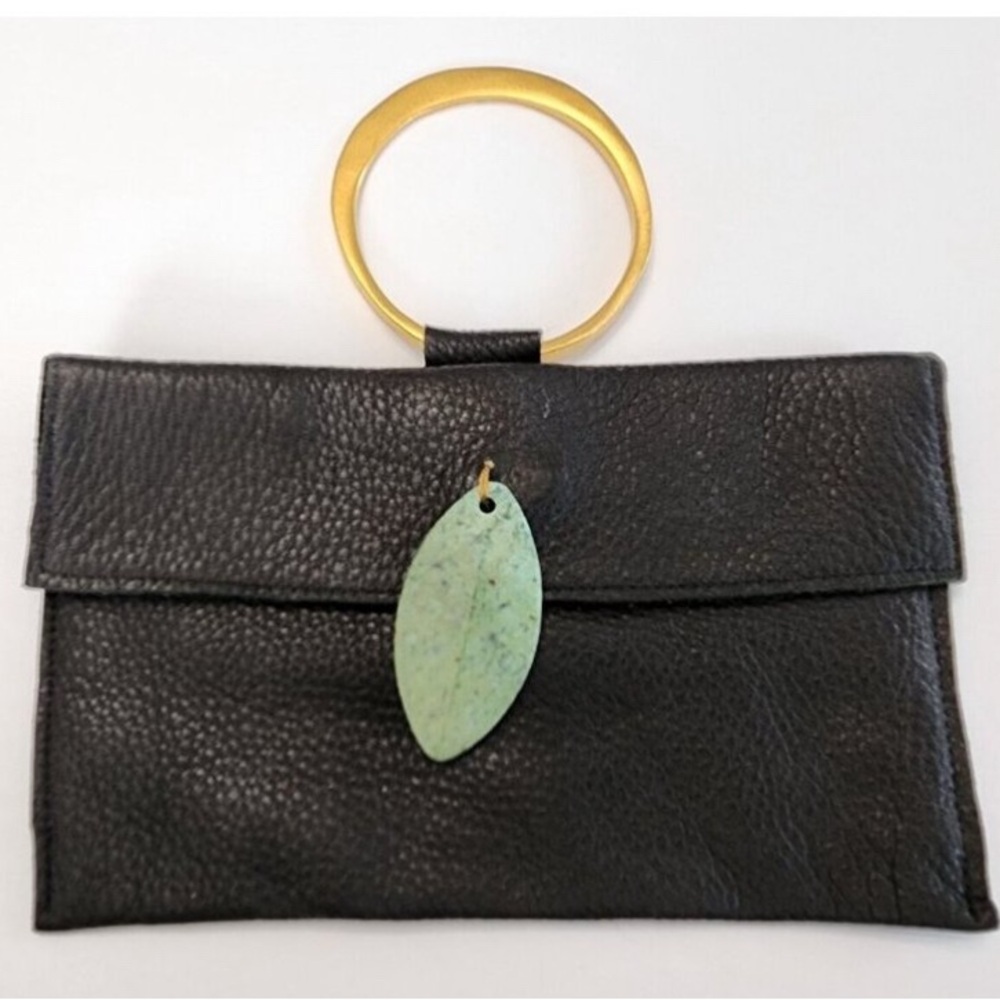 Rebecca Norman leather small black clutch purse gold bangle handle 7” x 4”